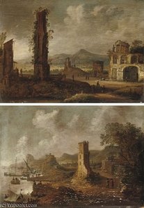 A Rocky River Landscape With Figures Among Ancient Ruins — Dirck Verhaert
