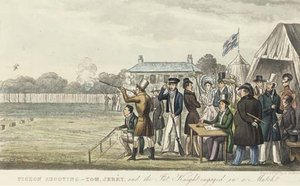 Pigeon Shooting. -tom, Jerry, And The Fat Knight, Engaged In A Match — Isaac Robert Cruikshank