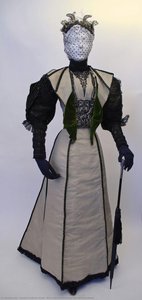 Black and tan wool dress with black beadwork