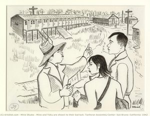 Mine And Toku Are Shown To Their Barrack, Tanforan Assembly Center, San Bruno, California, 1942 — Miné Okubo