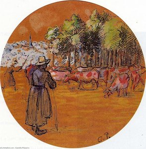 Cowherds, Bazincourt — Camille Pissarro, Impressionist Landscape