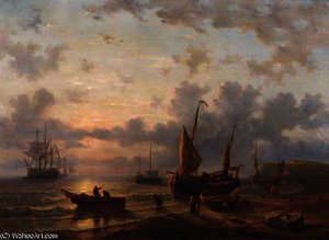 A French Coastal Scene With Fishermen Working At Dusk — George Willem Opdenhoff