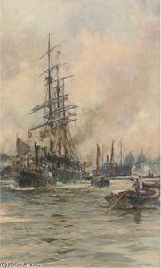 A Three-master Being Towed Down River On The Tide — Charles Edward Dixon