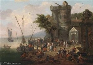 A Lively Coastal Landscape With A Fortress And A Harbour In The Background — Mathys Schoevaerdts