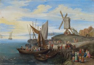 Hafenszene mit Windmühlen und Kaufleuten