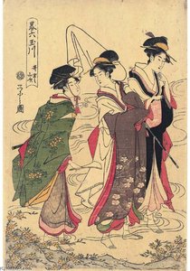 Two Young Girls And A Man Paddling In The River — Chobunsai Eishi