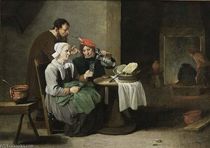 A Peasant Woman And A Young Man Eating And Drinking At A Table