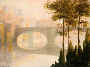 View Across A River With An Arched Bridge — Thomas Edwin Mostyn