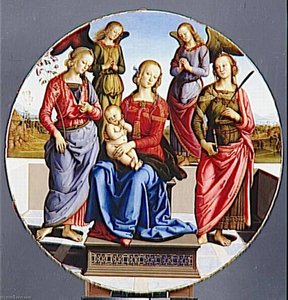 LA VIERGE ET L'ENFANT ENTOURES DE DEUX ANGES.SAINTE ROSE ET SAINTE CATHERINE