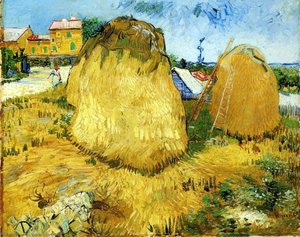 Stacks Of Wheat Near A Farmhouse — Vincent Willem Van Gogh, Post-impressionism