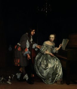 Interior With A Lady At A Spinet And A Gentleman Offering Her A Glass Of Wine — Gabriel Metsu