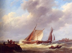 Fishermen On A Jetty Overlooking A River Estuary, A Castle Beyond — Johannes Hermann Barend Koekkoek