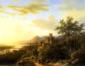 Travellers on a path in an extensive rhineland landscape