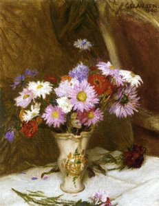 Still Life With Michaelmas Daisies And Cornflowers In A Jug On A White Cloth Draped Table — Sir George Clausen