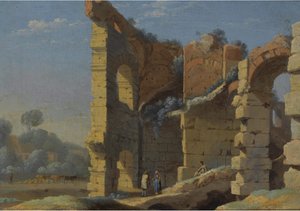 An Italianate Landscape With Figures Conversing Near Ancient Ruins — Herman Van Swanevelt