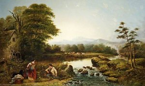 Landscape With Figures By A Waterfall — William Widgery