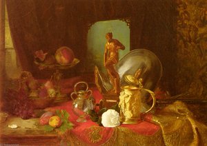 A Still Life With Fruit, Objets D'art And A White Rose On A Table
