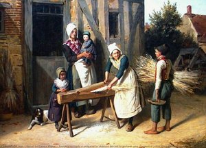 Paysans Occupés À Préparer Le Chanvre Devant La Porte D'une Chaumière (titre Inscrit) — Duval Le Camus Pierre