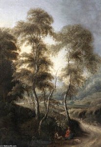 Figures Seated With A Dog In A Woodland Landscape — Thomas Barker