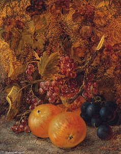 Apples, Redcurrants And Grapes On A Mossy Bank