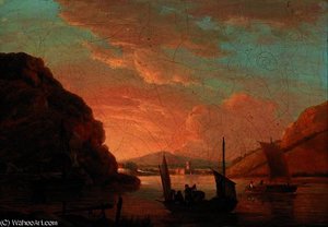 Fishermen in a boat in an extensive river landscape, a church beyond