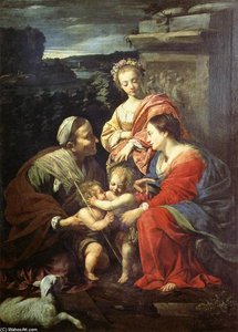 The Holy Family With Sts Elizabeth, John The Baptist And Catherine — Simon Vouet, Baroque