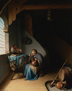 An Elderly Woman, Seated By A Window At Her Spinning Wheel, Eating Porridge — Gerrit Dou