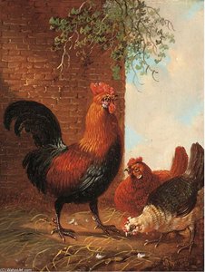 Poultry Feeding By A Wall; And Another Similar — Albertus Verhoesen