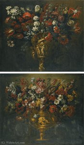 A Pair Of Flower Still Lifes In Sculpted Vases, Flanked By Sculpted Scrollwork — Gabriel De La Corte