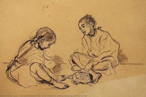 Two Children Sitting Playing With A Turtle — Alfred Dehodencq