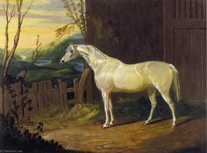 A Gray Arab Mare Outside A Stable In An Extensive River Landscape — John Frederick Herring Senior