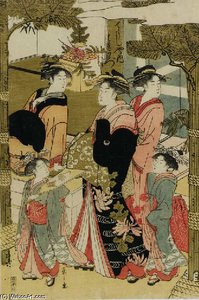 The Courtesan Tokiwazu Of The Chojiya Strolling With Her Kamuro And Other Attendants On New Year's Day