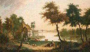 River Landscape With A Drover In The Foreground — George Smith