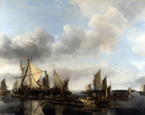 A River Scene With A Large Ferry — Jan Van De Cappelle