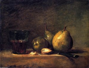 Three Pears, Walnuts, Glass Of Wine And Knife — Jean-baptiste-siméon Chardin