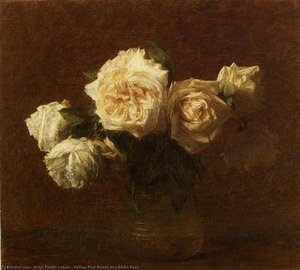 Yellow Pink Roses In A Glass Vase — Henri Fantin-latour