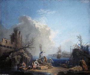 Seascape With Fisherman On A Rocky Shore — Pierre Jacques Volaire