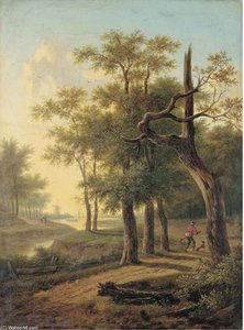 A Hunter And His Dog In A Wooded River Landscape, A Windmill And Boats Beyond — Frans Swagers