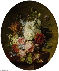 Open Wicker Basket Of Mixed Flowers, Including Tulip, Roses, Harebell, Hollyhock, Poppy, Larkspur And Auricula On A Marble Ledge — Cornelis Van Spaendonck