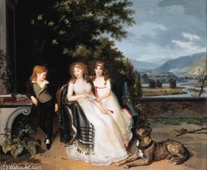 Portrait Of A Lady With Two Children And A Dog On A Terrace, An Extensive River Landscape Beyond