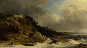 Fishermen Landing A Boat Before A Clifftop Country House — James Baker Pyne