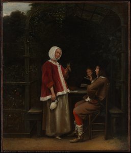 A Woman And Two Men In An Arbor — Pieter De Hooch