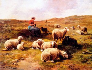 A Shepherdess With Her Flock — Cornelis Van Leemputten