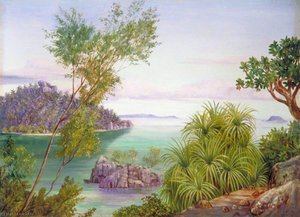 Round Island And Ile Aride From Long Island, Seychelles — Marianne North, Victorian Botanical Painting