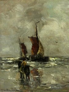 A Horse And Rider On A Beach With Two Boats Offshore — Gerhard Arij Ludwig Morgenstje Munthe, Impressionism