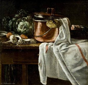 Still Life With Vegetables And Cooking Utensils — François Bonvin