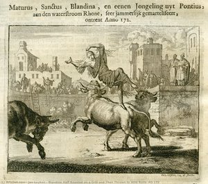 Blandine Half Roasted On A Grill And Then Thrown To Wild Bulls, Ad 172 — Jan Luyken