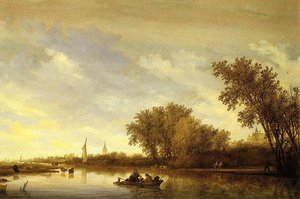 A River Landscape With Boats And Chateau — Salomon Van Ruysdael