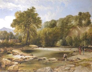 The River Ogwen At Cochwillan Mill, With The Artist Fishing, Watched By General Cartwright — Frederick Richard Lee