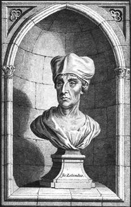 Line engraving by C. Grignion, purportedly taken from a bust of 16th-century antiquary John Leland at All Souls College, Oxford. Engraving printed in William Huddesford, ed. (1772)
